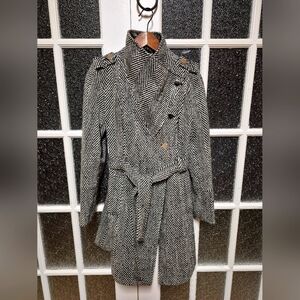 GUESS Saks off 5th herringbone Asymmetrical Wool Blend Peacoat small black white